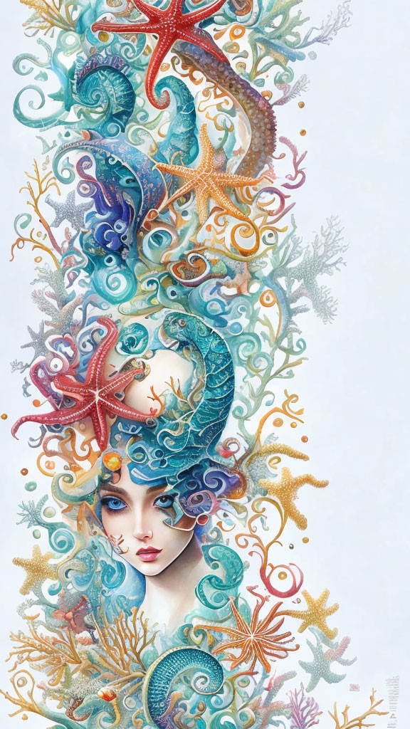 Detailed artwork of woman with sea life hair: coral, seahorses, starfish, seaweed