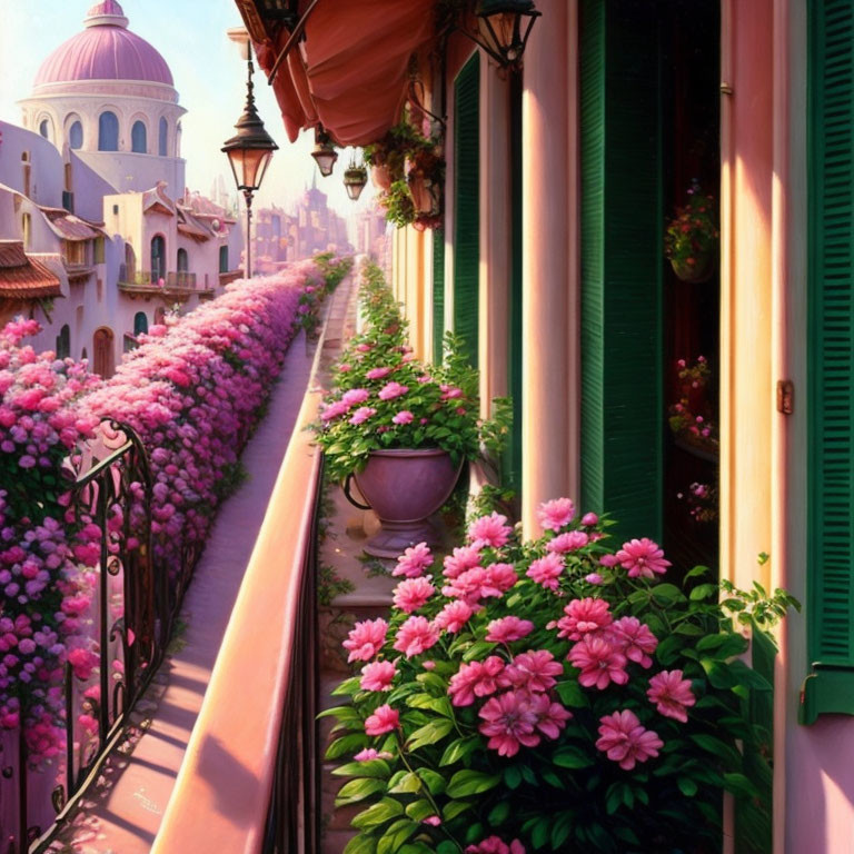 Balcony with Pink Flowers Overlooking Classic Architecture