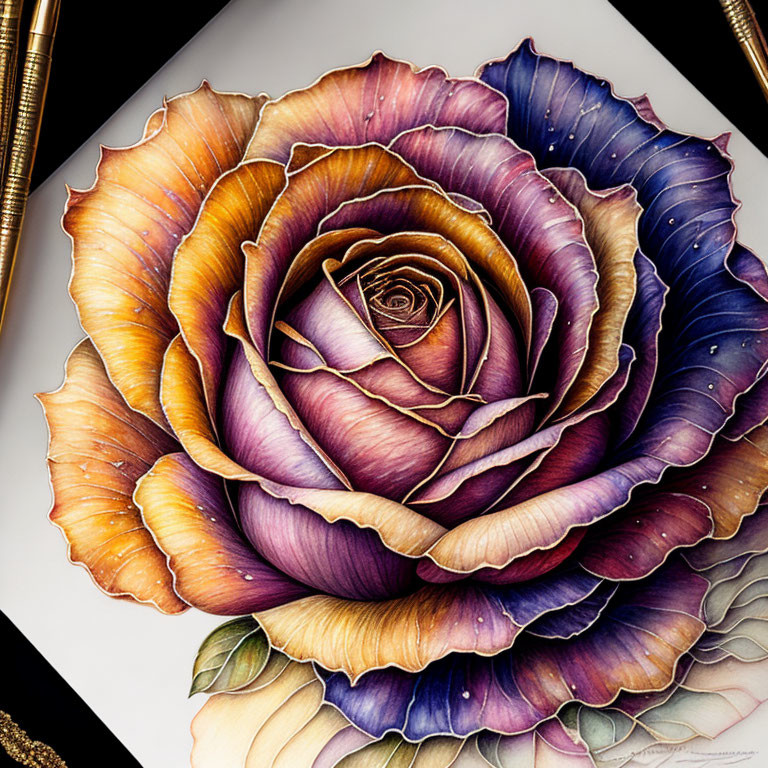 Multicolored rose with yellow to purple petals on white surface.