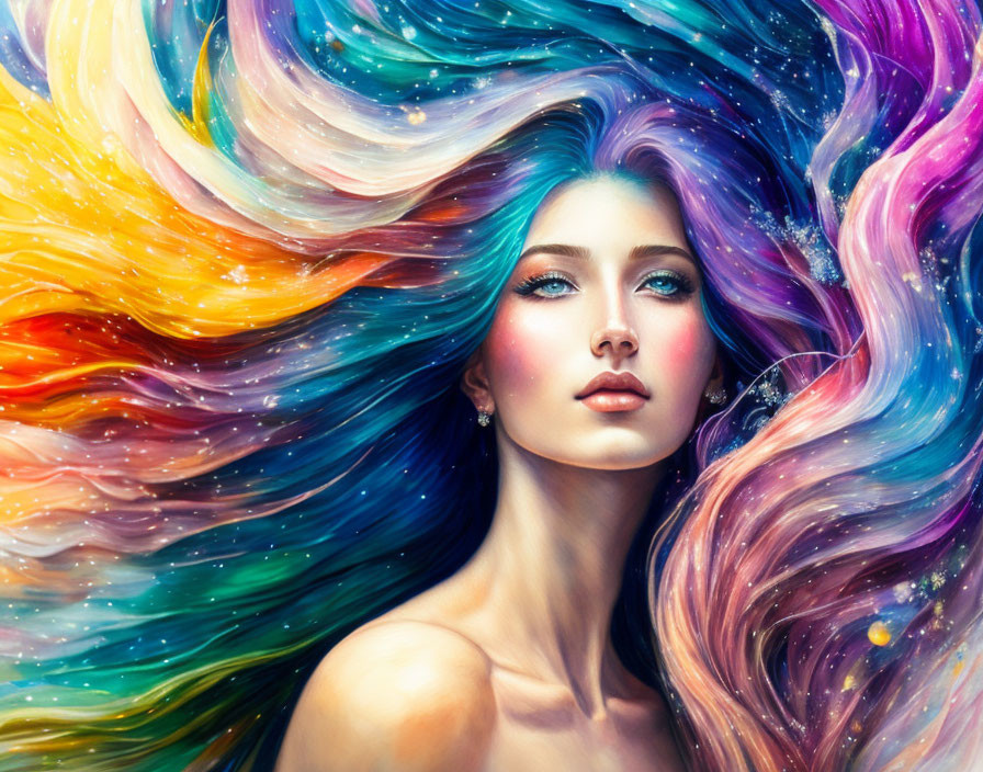 Colorful digital painting of a woman with cosmic nebula hair