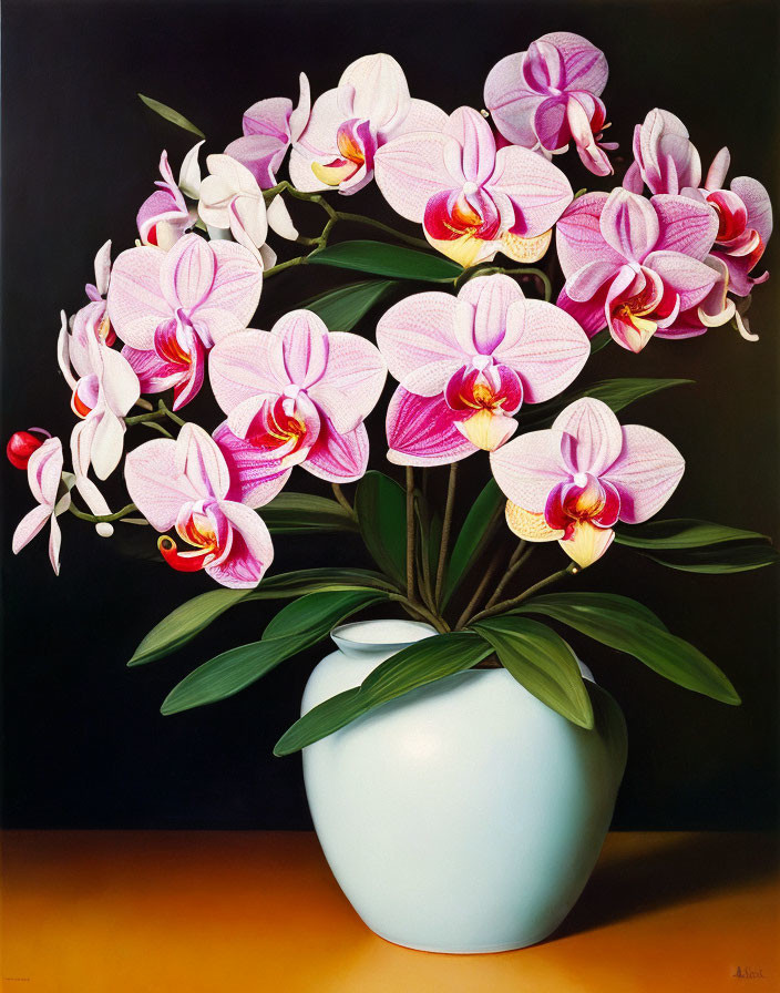 Detailed Pink and White Orchids Painting on Black Background