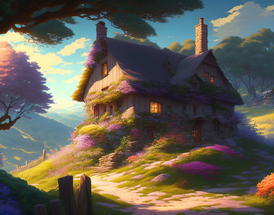 Thatched roof cottage surrounded by purple flowers in golden sunlight