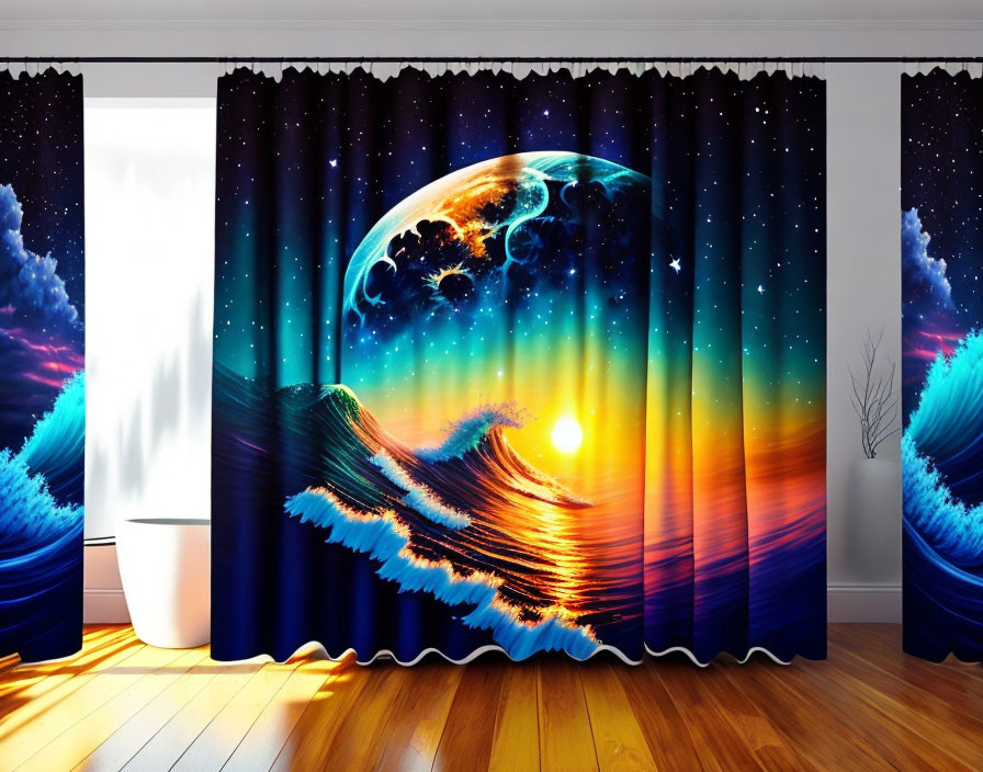 Vibrant Space-Themed Curtains with Moon, Stars, and Waves