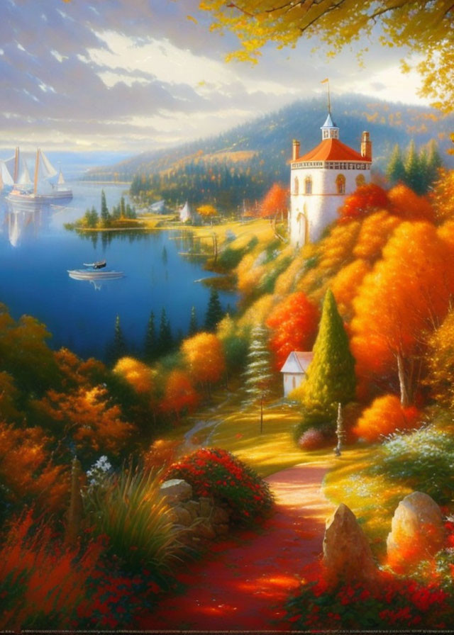 Vibrant autumnal landscape with colorful trees, white lighthouse, and calm lake.