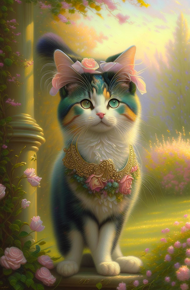 Colorful Cat Artwork with Floral Crown in Serene Garden