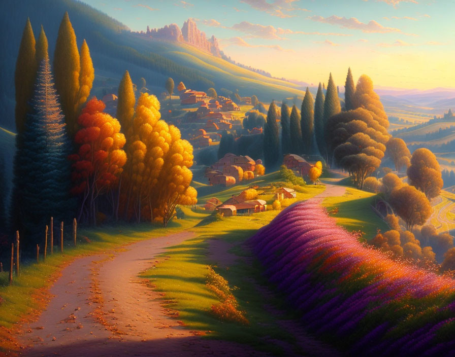 Tranquil sunset landscape with winding road to colorful village