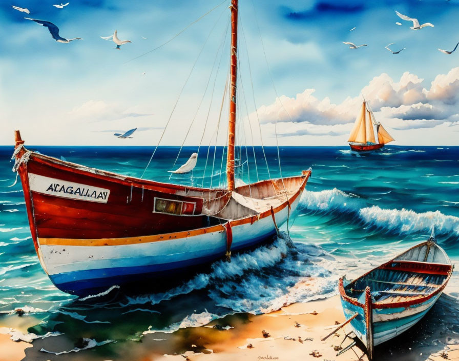 Colorful painting of boats, waves, and seagulls by the shore