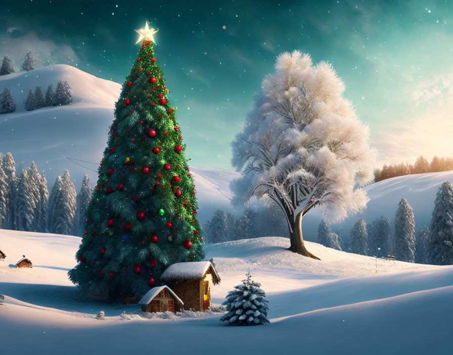 Christmas tree in snowy night landscape with cottage and starry sky