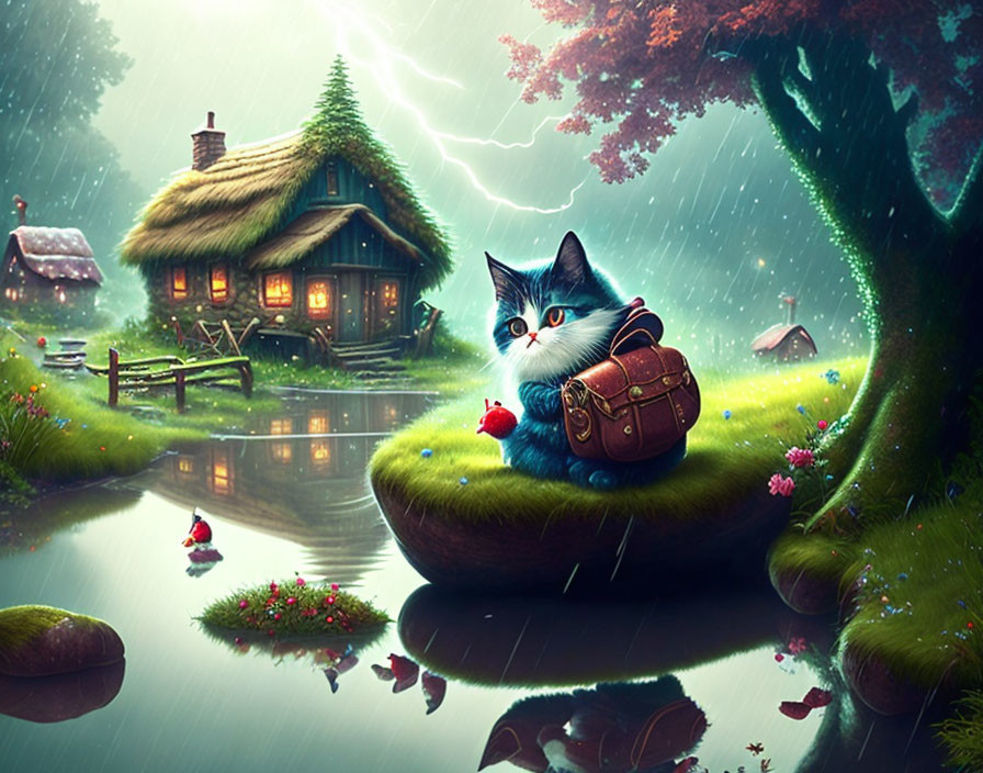 Blue-eyed cat with backpack on lush island with cozy cottage and lightning