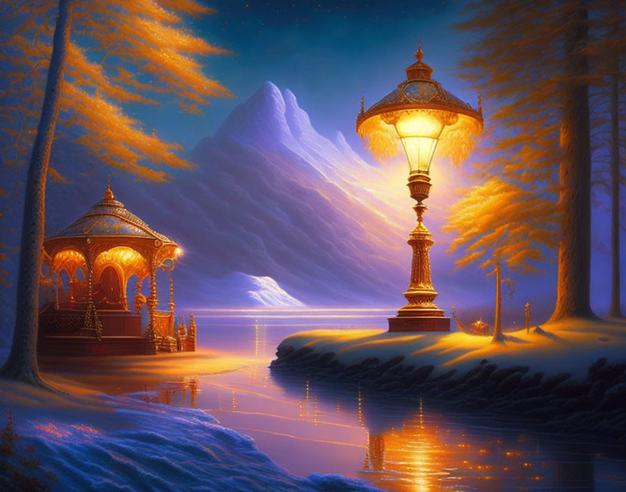 Illuminated gazebo and street lamp by serene lake with autumn trees and mountain at dusk