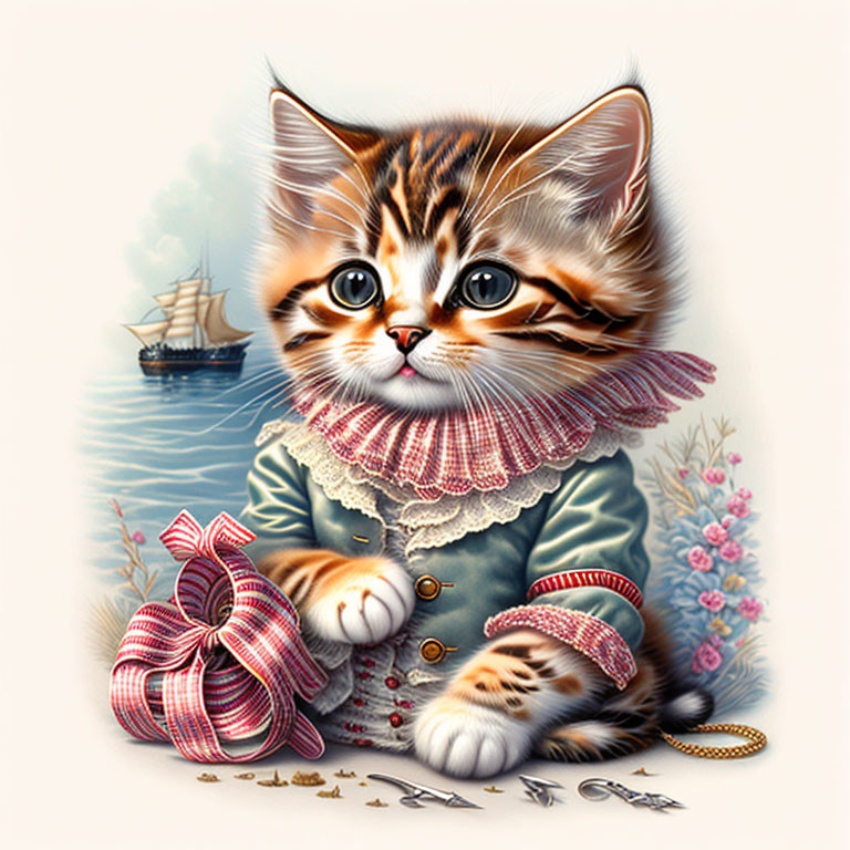 Illustrated kitten in vintage blue coat with lace collar holding pink ribbon and surrounded by pocket watch and flowers