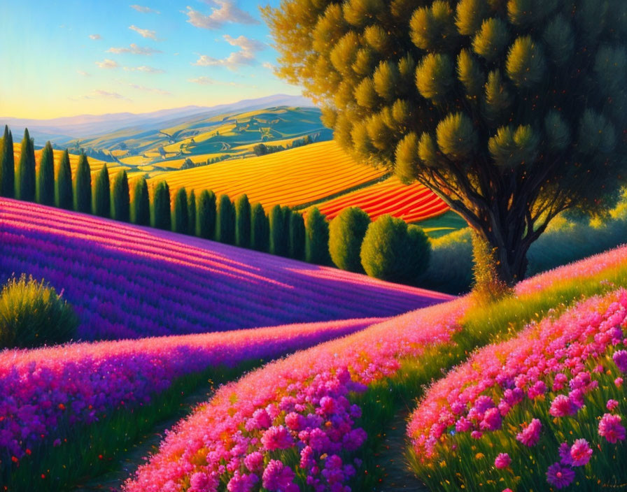 Colorful landscape with rolling hills, fields, flowers, and tree