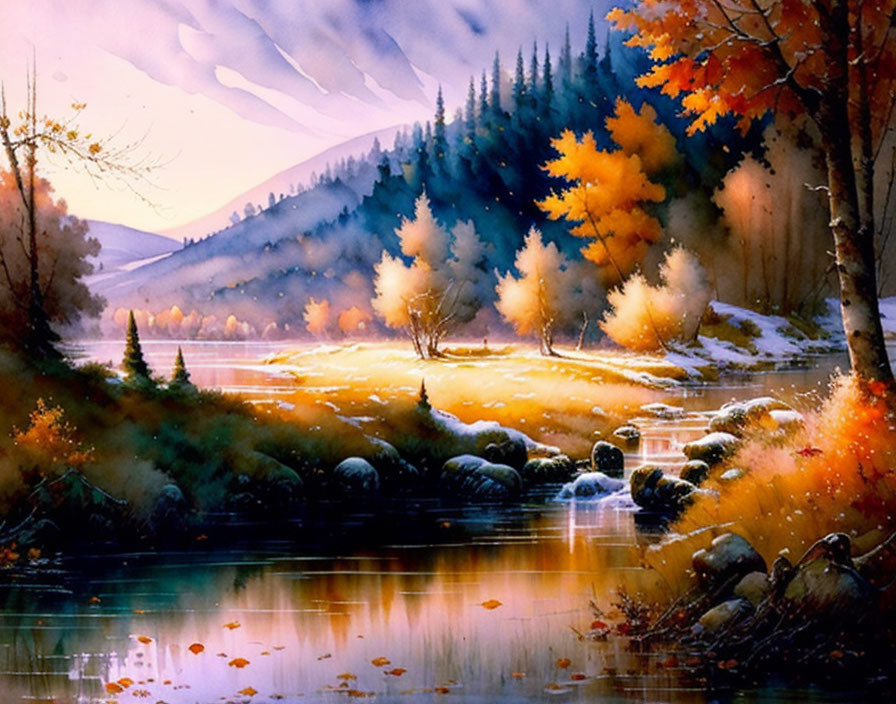 Tranquil autumn river landscape with golden foliage