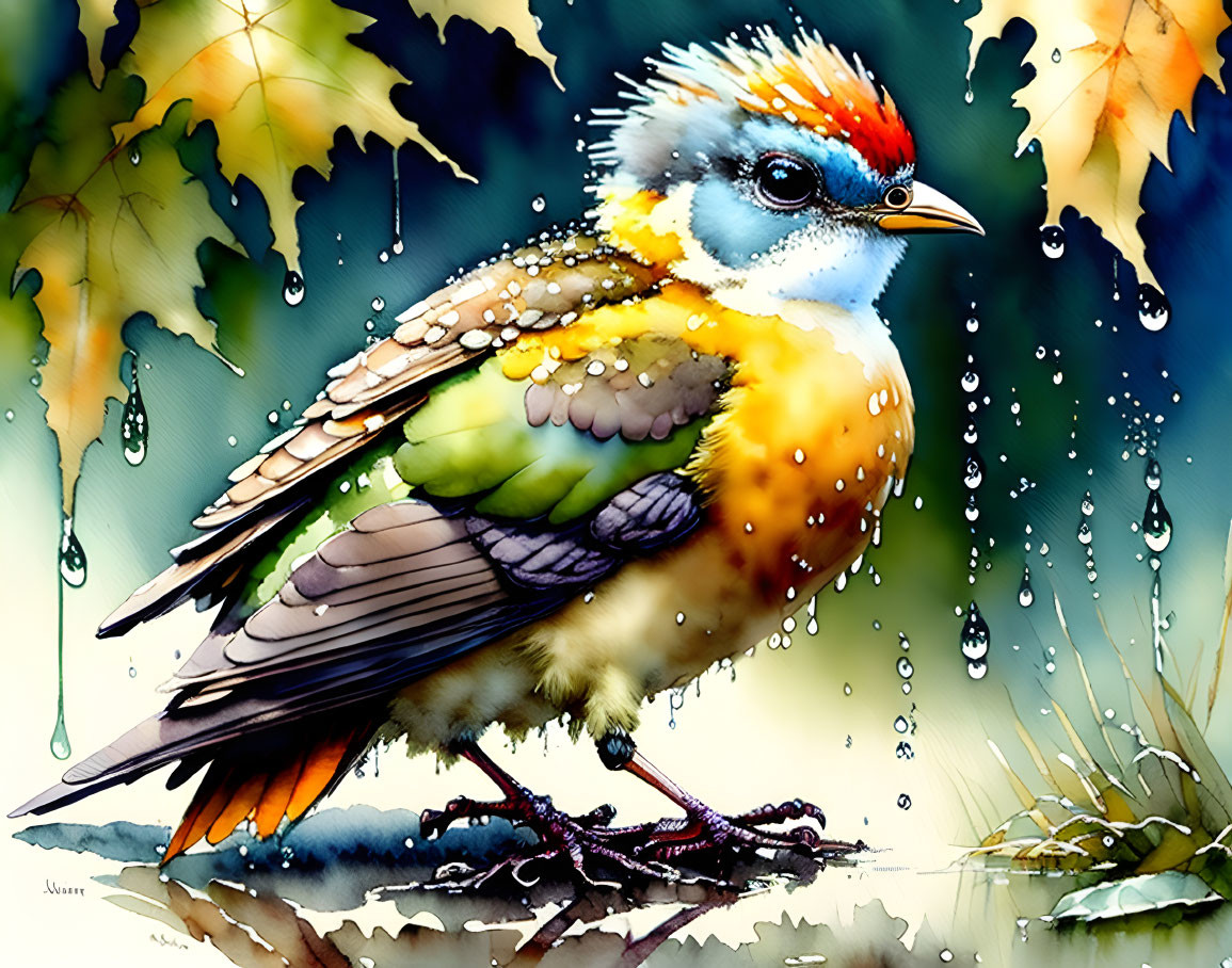 Vibrant stylized bird with water droplets on feathers in autumn leaf setting