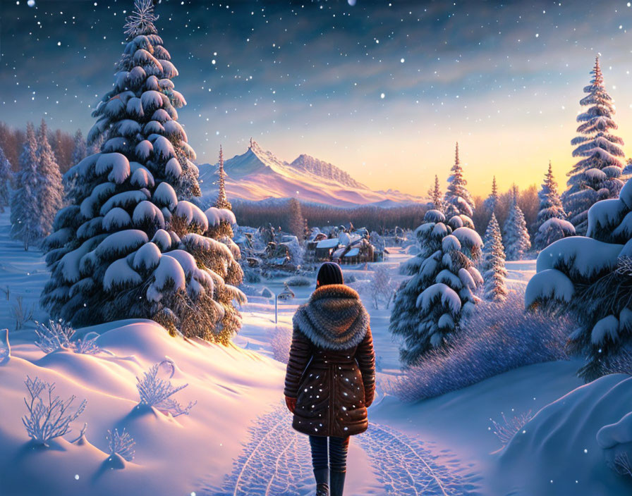 Person in winter clothing walks snowy path to festive village at dusk