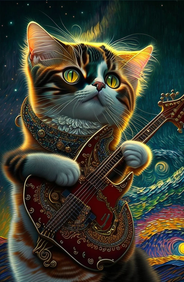 Colorful Tabby Cat Playing Ornate Red Guitar in Whimsical Illustration