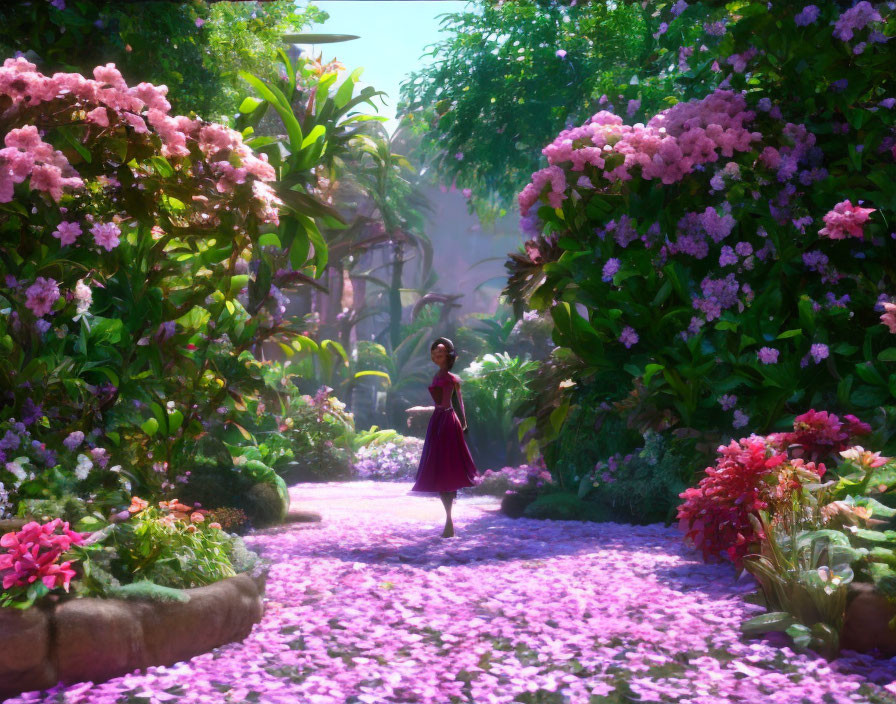 Female Character Walking in Vibrant Garden Path with Pink Petals