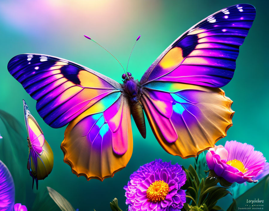 Colorful Butterfly Resting on Flower with Teal and Pink Background