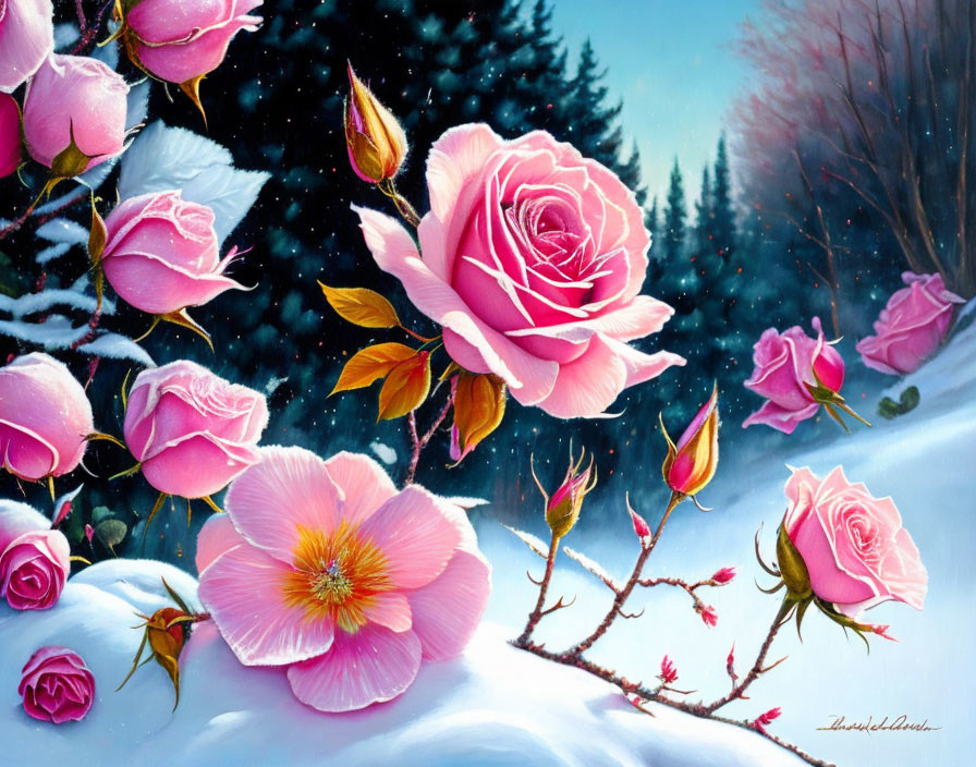 Pink roses in snowy twilight landscape with starry sky