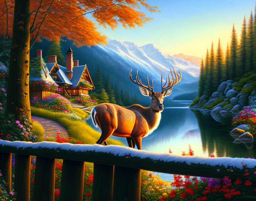 Tranquil deer in serene autumn landscape by lake