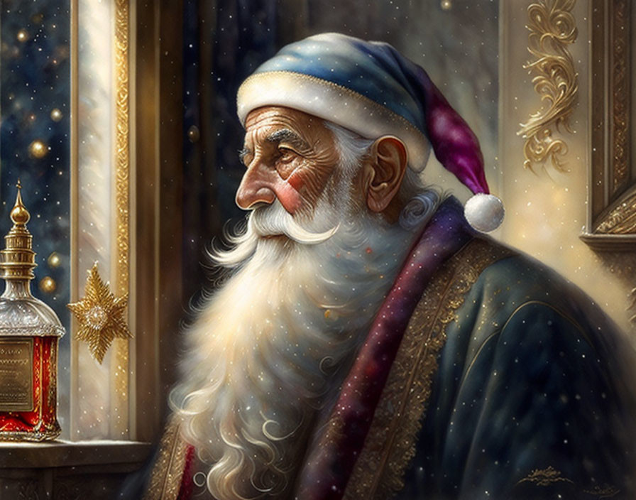 Serene Santa Claus illustration with long white beard and lantern by snowy window