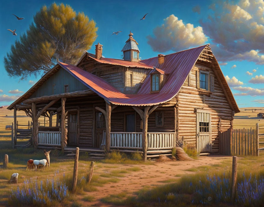 Rustic cabin with red roof, cupola, grassy prairie, birds, and dog