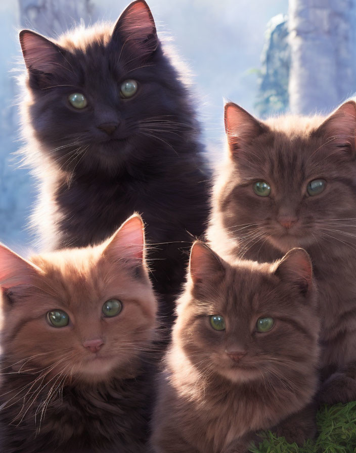 Four Fluffy Cats with Striking Green Eyes in Nature Setting