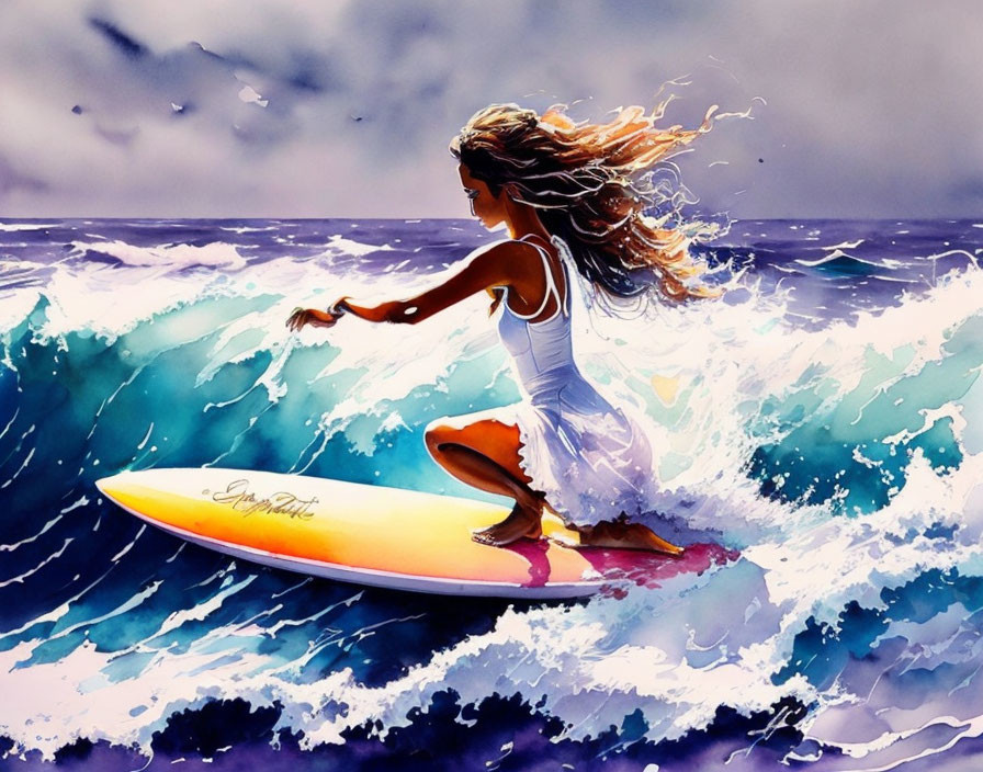 Colorful painting of woman surfing on wave with flowing hair