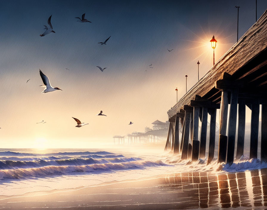 Scenic beach sunset with flying birds, waves, and wooden pier with lamps