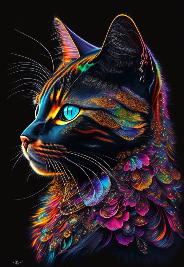 Colorful digital artwork: Cat with neon outlines in blue, orange, and yellow on black background