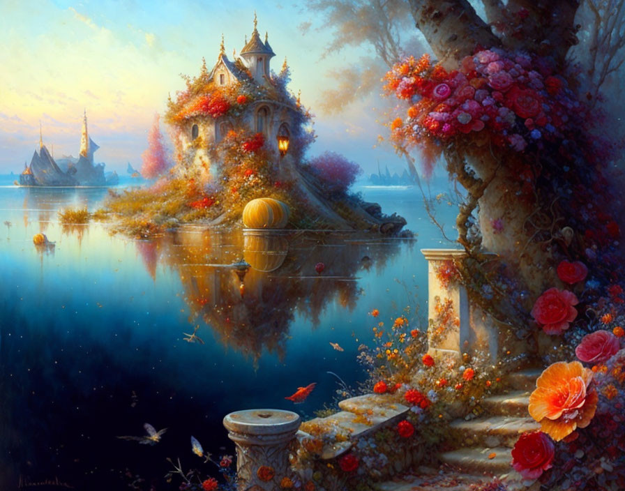 Fantasy landscape with castle, flowers, lake, and pumpkin carriage