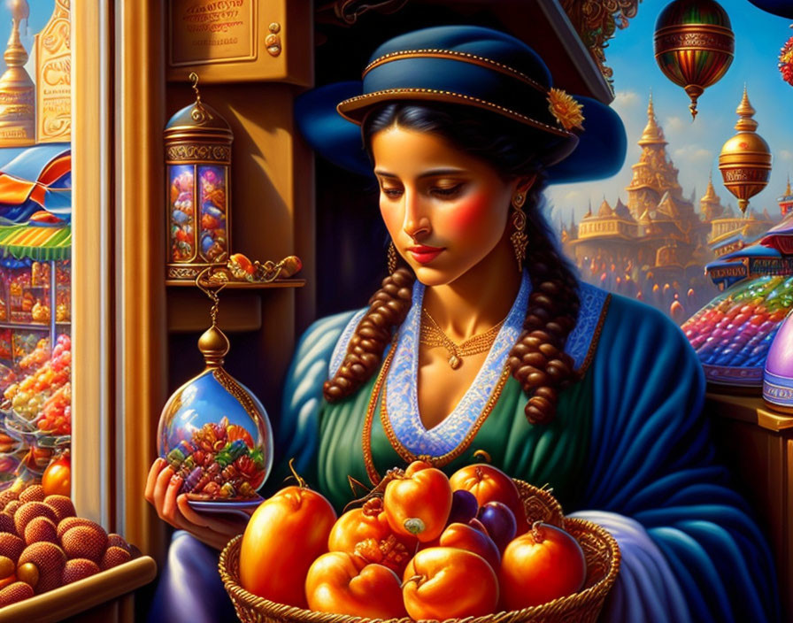 Traditional attire woman with ripe persimmons at fruit stand