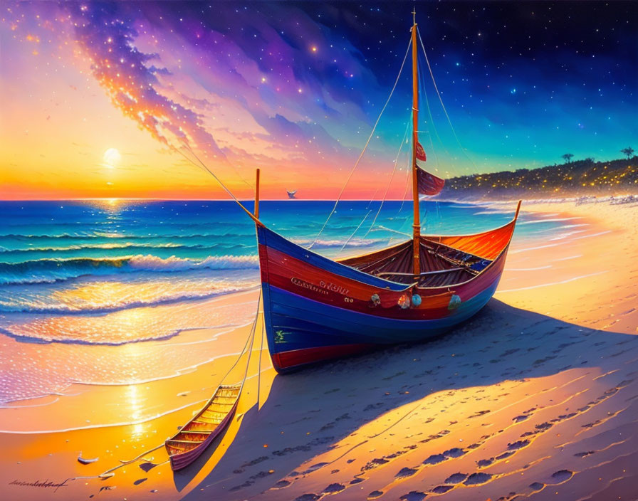 Colorful boat named "Carmen-Gloria" under vibrant beach sunset