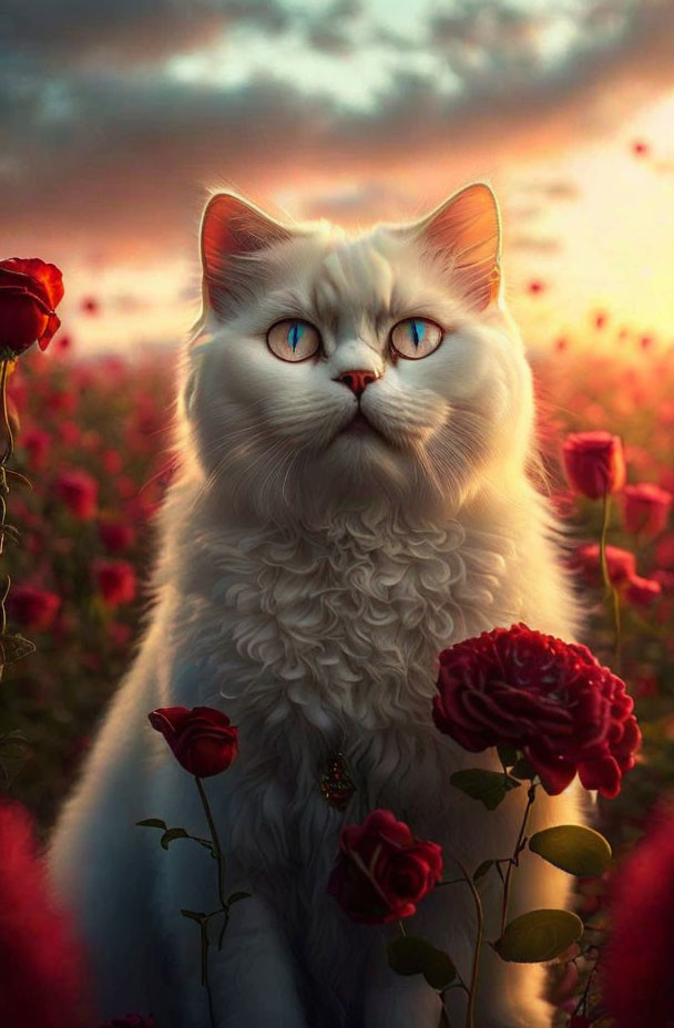 Fluffy white cat with blue eyes in red rose garden at sunset