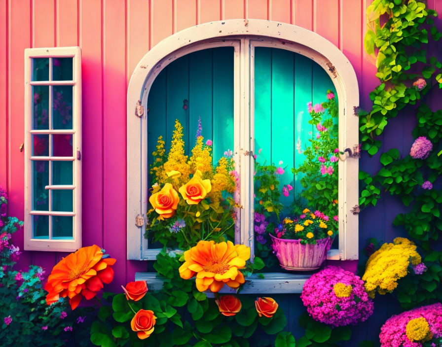 Colorful house façade with arched turquoise window and lush flowers against pink wall