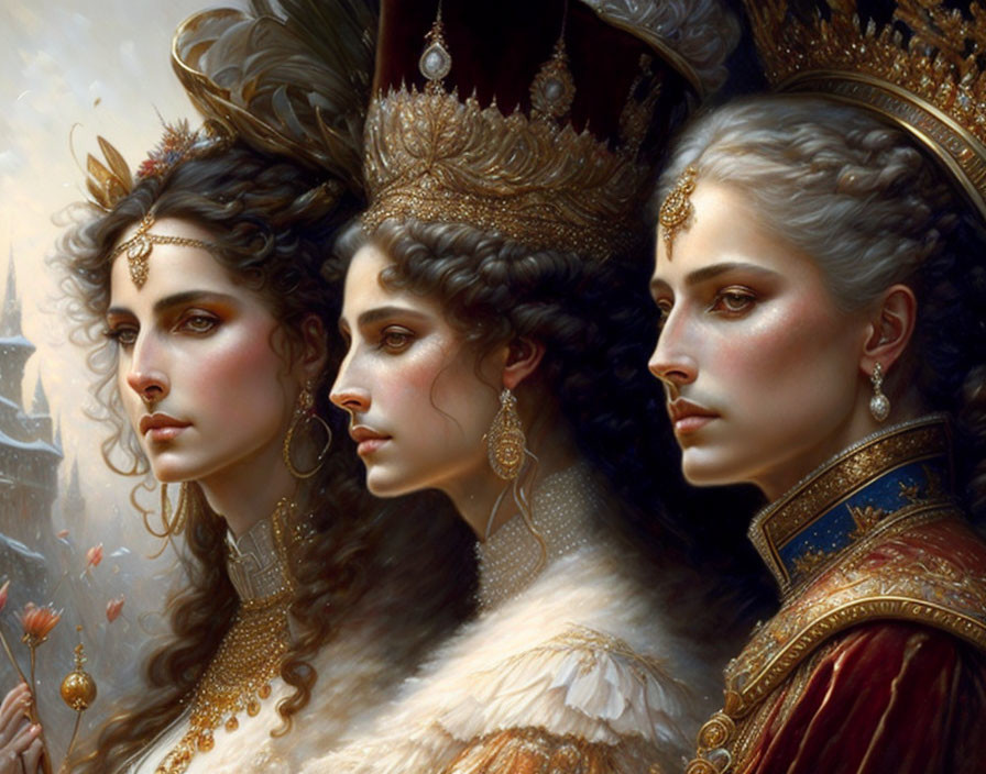 Realistic portrait of regal women with elaborate headdresses in warm tones