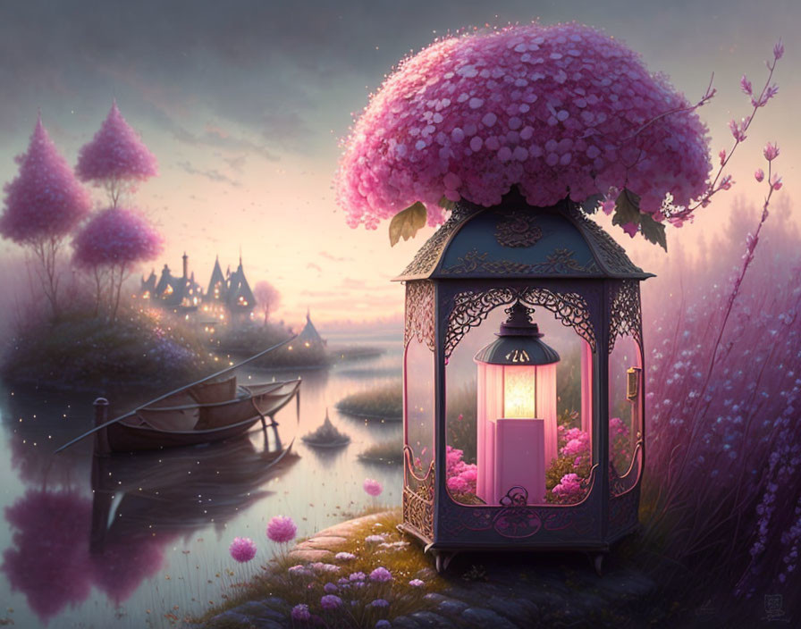 Ornate lantern, pink blossoms, boat, castle in misty twilight