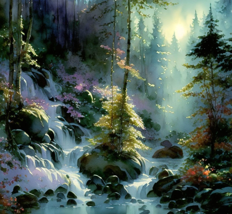 Tranquil Watercolor: Forest, Waterfall, Rocks, Sunbeams