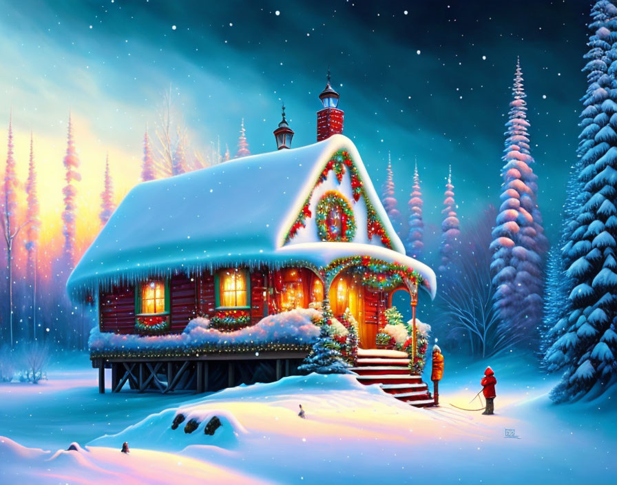 Snow-covered trees and cozy cottage in winter night scene.