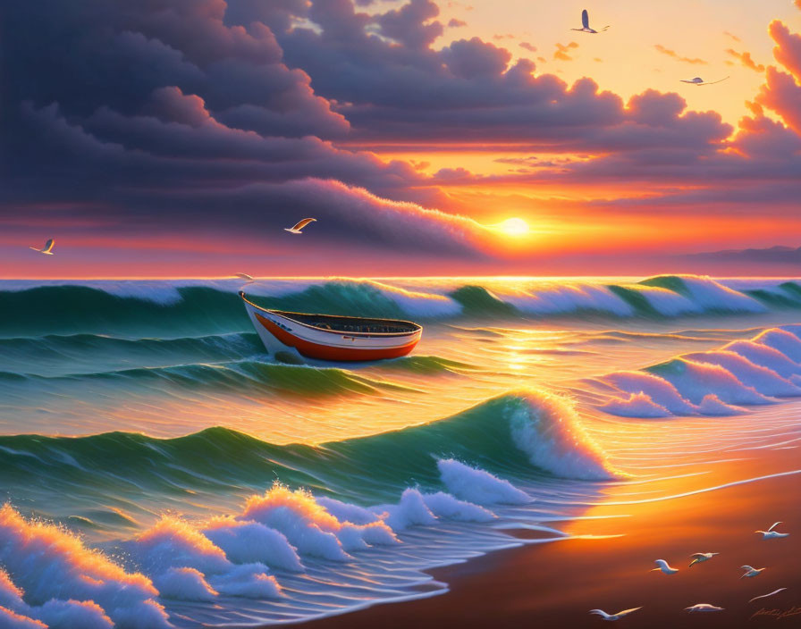 Tranquil sunset over ocean with boat, waves, and seagulls