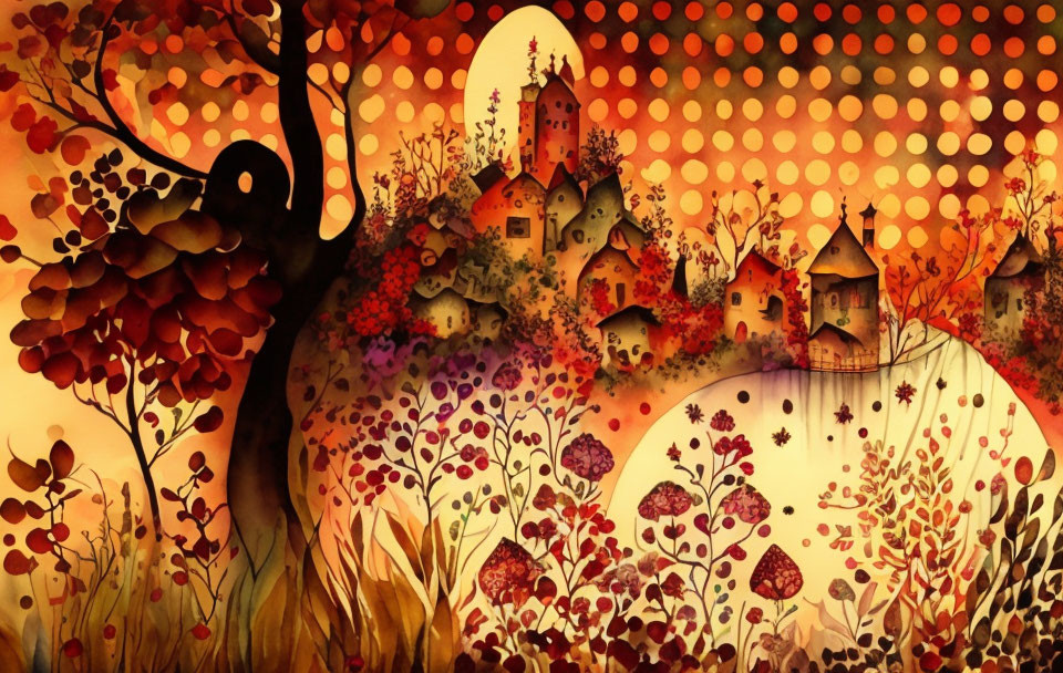 Colorful Tree, Flora, Village & Castles Artwork with Warm Dotted Overlay