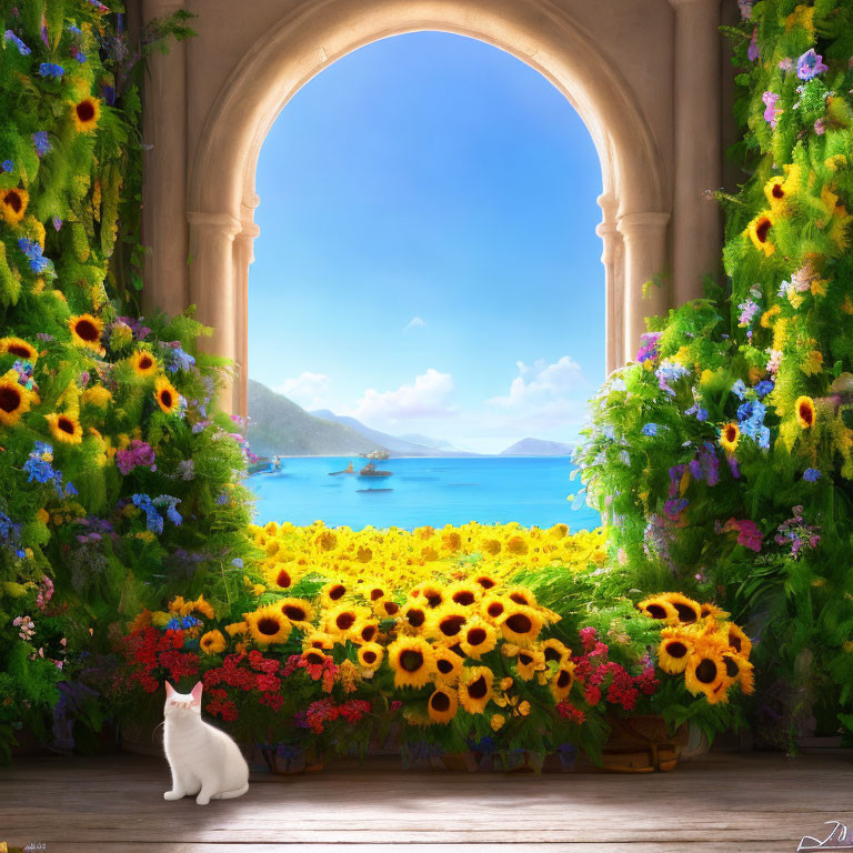 Arched doorway overlooking vibrant seaside with sunflowers and white cat.