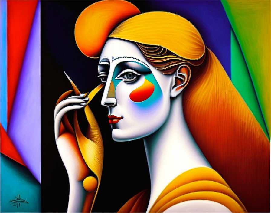 Vibrant Cubist-style portrait of a stylized female figure