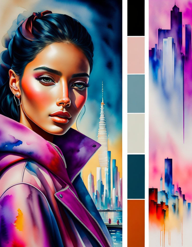 Colorful portrait of woman with futuristic cityscape background.