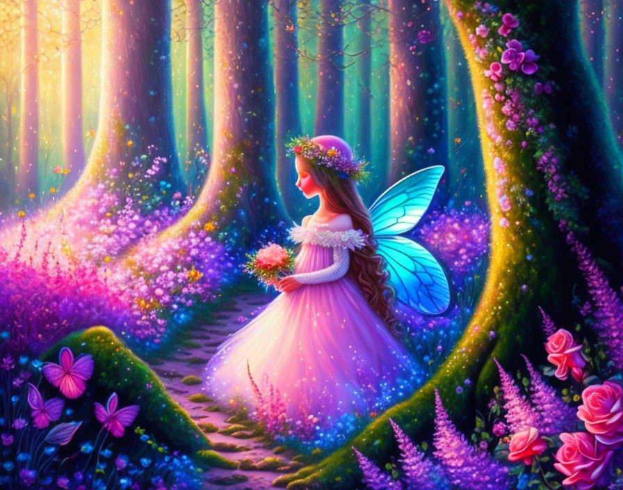 Enchanted forest scene with fairy, floral crown, and vibrant purple flora