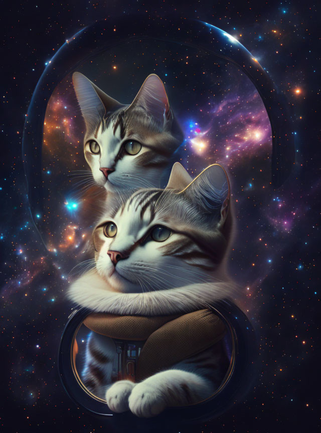 Two Cats in Space Helmet on Cosmic Background