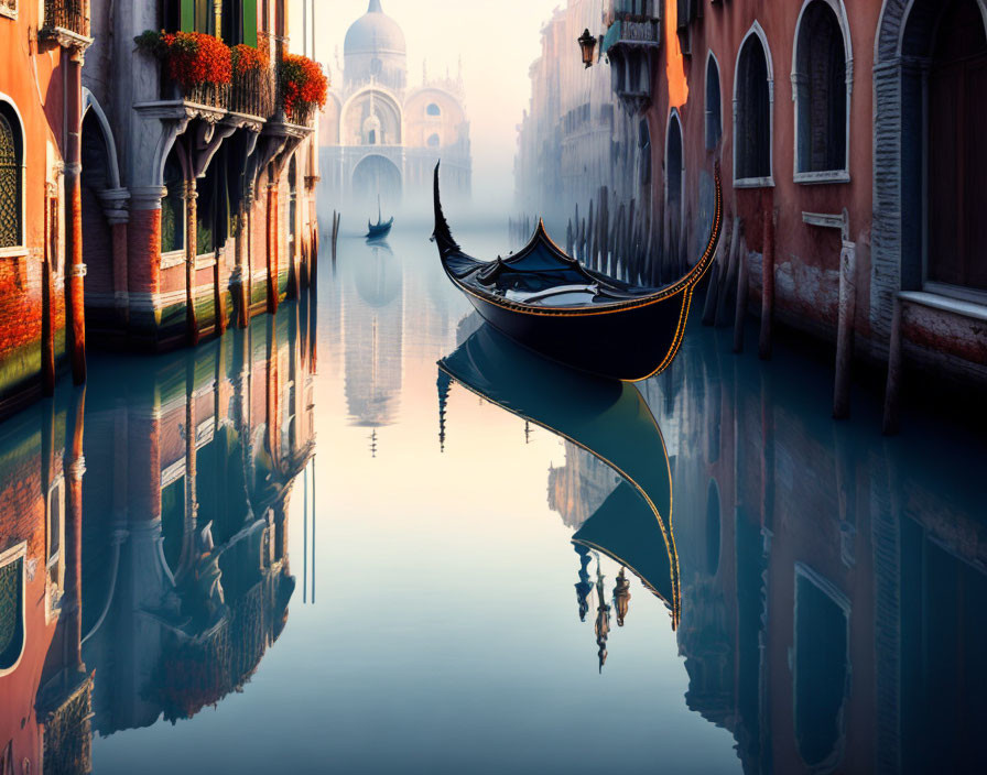 Venetian canal at dawn or dusk with gondola and ancient buildings reflected in calm water