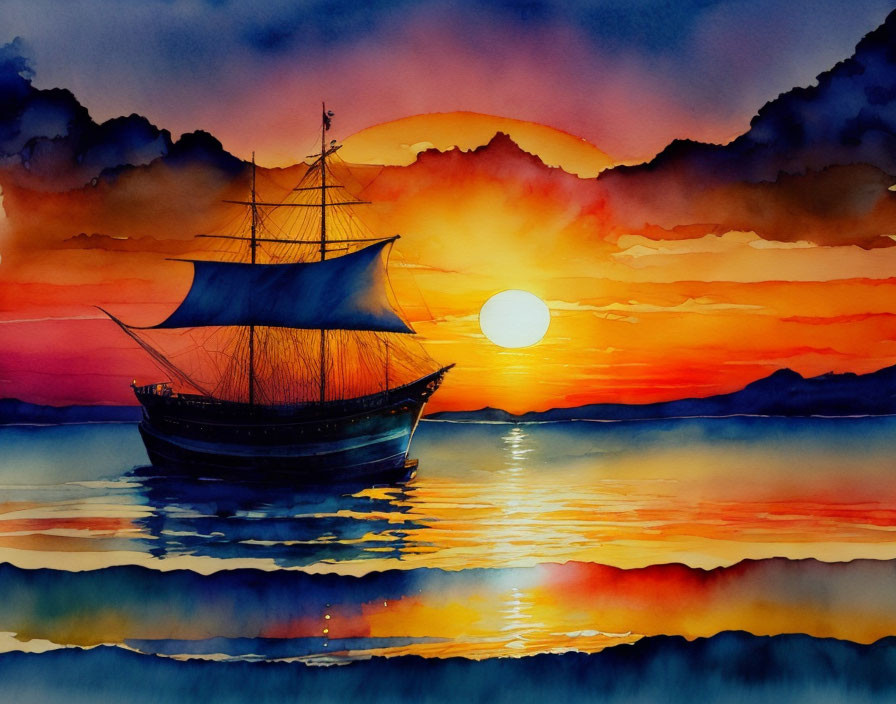 Vibrant watercolor painting of sailing ship on calm sunset waters