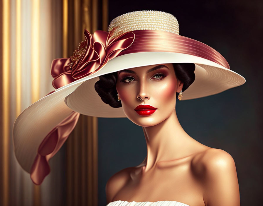 Stylish woman in wide-brimmed hat with dramatic makeup and elegant attire