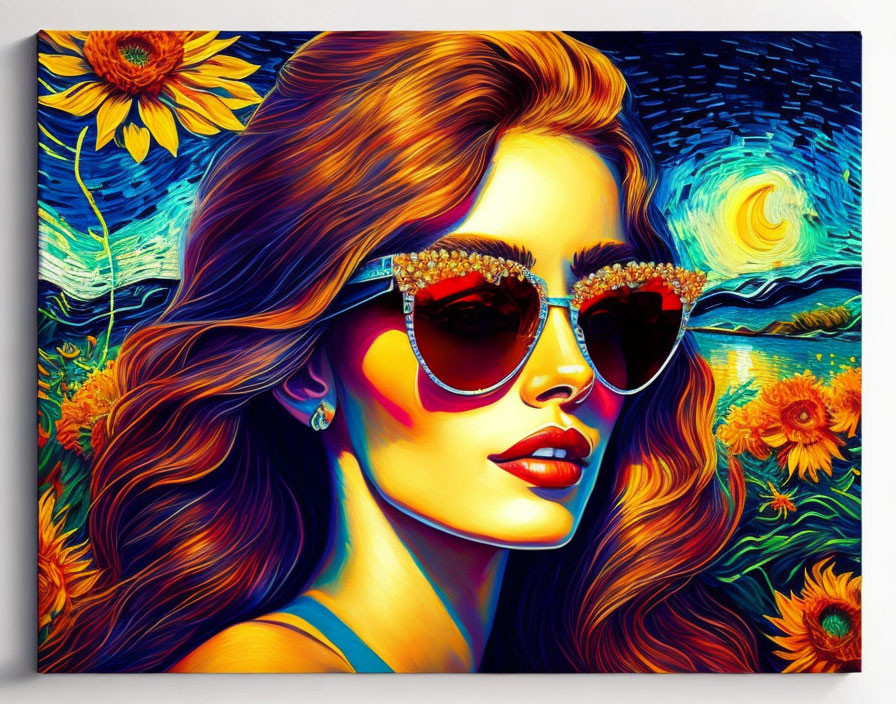 Colorful illustration: Woman with sunglasses, sunflowers, swirling skies.